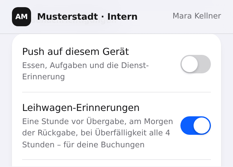 Benachrichtigungen am Handy: Schalter für Push auf diesem Gerät und für die Leihwagen-Erinnerungen.