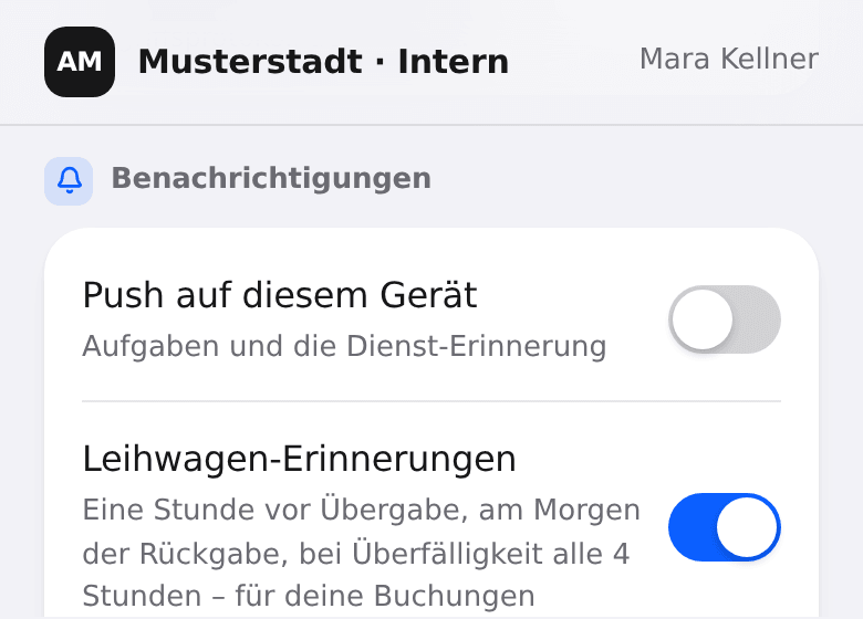 Benachrichtigungen am Handy: Schalter für Push auf diesem Gerät und für die Leihwagen-Erinnerungen.