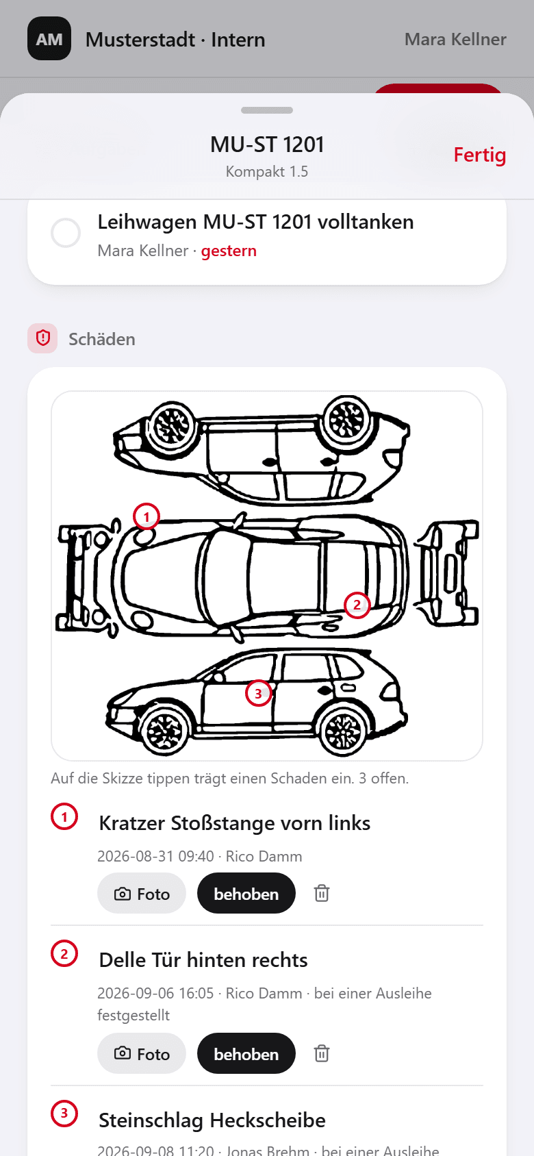 Fahrzeugblatt mit Schadensskizze, nummerierten Markierungen und der Liste der offenen Schäden.